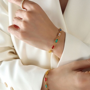Korean Elegant Stainless Steel Zircon Necklace Fashion 14K Solid Gold Rainbow Tennis Necklace <b>Bracelet</b> <b>Set</b> for Women Girls - Product Image 4
