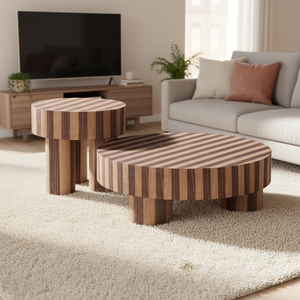 Juego de Mesa de Centro Redonda de Madera Contrachapada de Parqué, Directo de Fábrica, Mesas Nido Modernas de Dos Niveles, Tablero de Madera Sólida Multicapa - Product Image 2