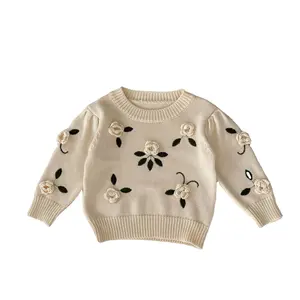 Winter Knitted Cotton Long Sleeves Pullover Sweater 3D Floral Loose Crew Neck Sweaters Knit Top for Kids Girls
