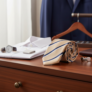 Cravate en soie italienne faite à la main pour homme adulte, taille unique, rayures beige, bleu marine et blanc - Product Image 3