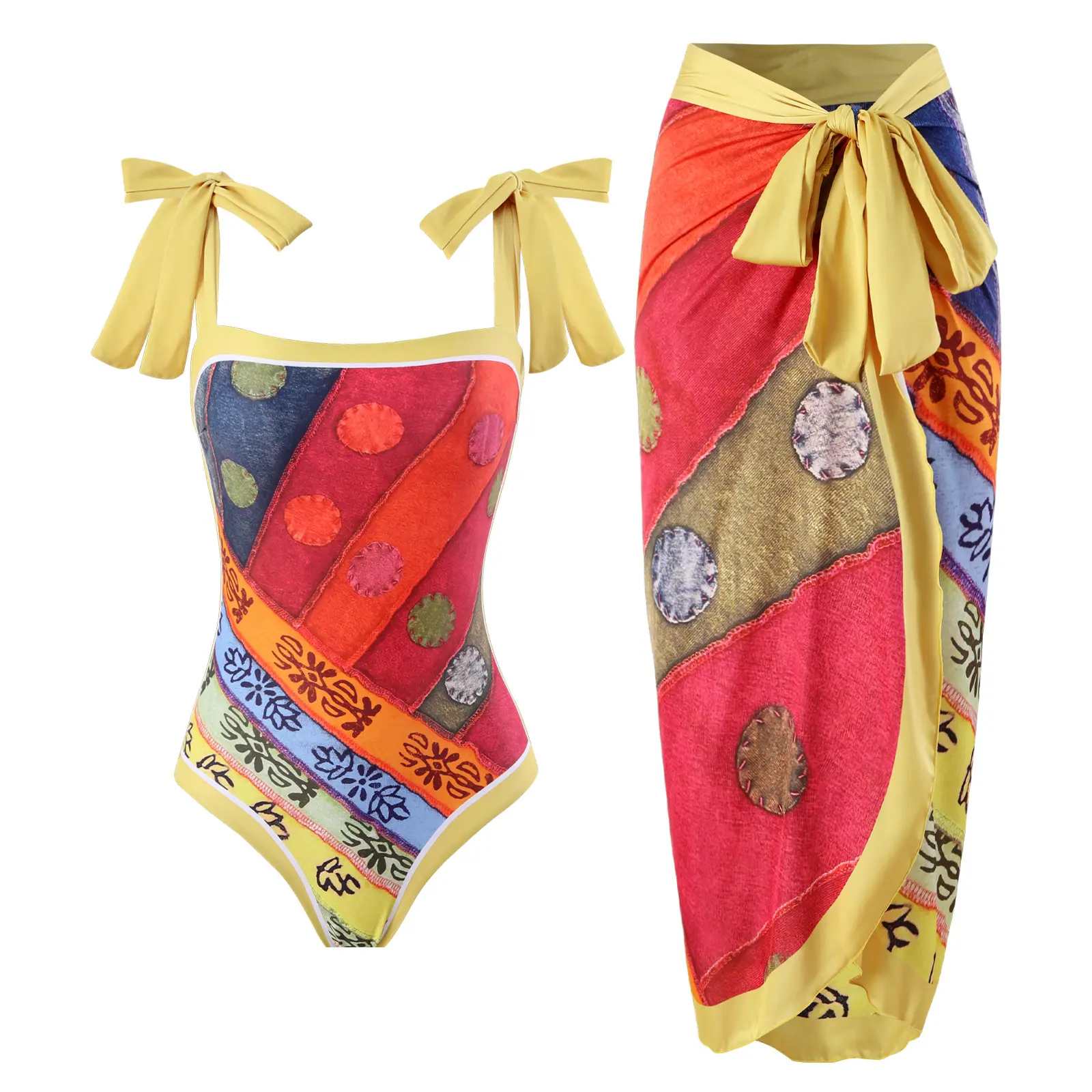 2023 nouvelles Appliques imprimé une pièce maillot de bain et sarong pour les femmes Floral maillot de bain dos nu maillots de bain Monokini maillots de bain Oem
