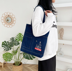 Grand sac de shopping en coton pour étudiante, sac à main en jean rétro troué pour femme, sac à bandoulière pour femme - Product Image 4