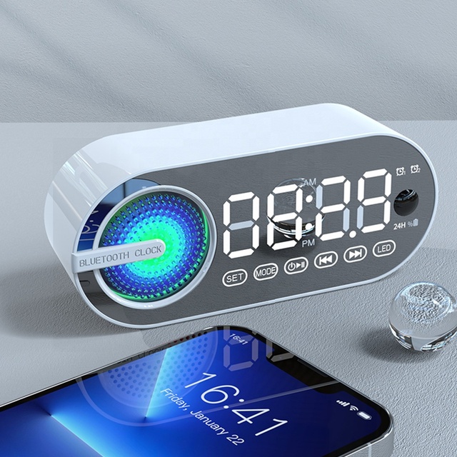 Mirror Desk Clock with BT Speaker Digital LED Colorful Light Desk Table FM Radio Alarm Clock Electronic Calendars 2023