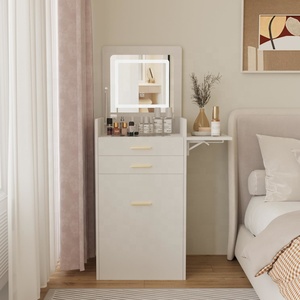 Integrated Makeup <b>Dressing</b> <b>Table</b> with Flip-top <b>Mirror</b> for Small Spaces, Compact <b>Vanity</b> Desk Set Cushioned Storage Stool - Product Image 2