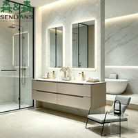 Ensemble de meuble-lavabo double vasque minimaliste italien SLS avec meuble flottant en pierre frittée et miroir double rétroéclairé par LED