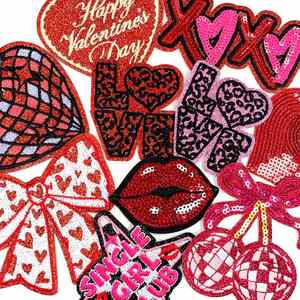 New Iron-On <b>Sequin</b> Glitter Embroidery <b>Red</b> Heart Lip Bow Xoxo Cherry Xoxo Valentine Patch for Clothes Hat Decoration - Product Image 3
