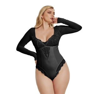 Di alta qualità taglie forti un pezzo di peluche in maglia Patchwork Lingerie da donna Sexy manica lunga scollo a V senza schienale <span class=keywords><strong>bianco</strong></span> <span class=keywords><strong>body</strong></span> in <span class=keywords><strong>pizzo</strong></span> - Product Image 2