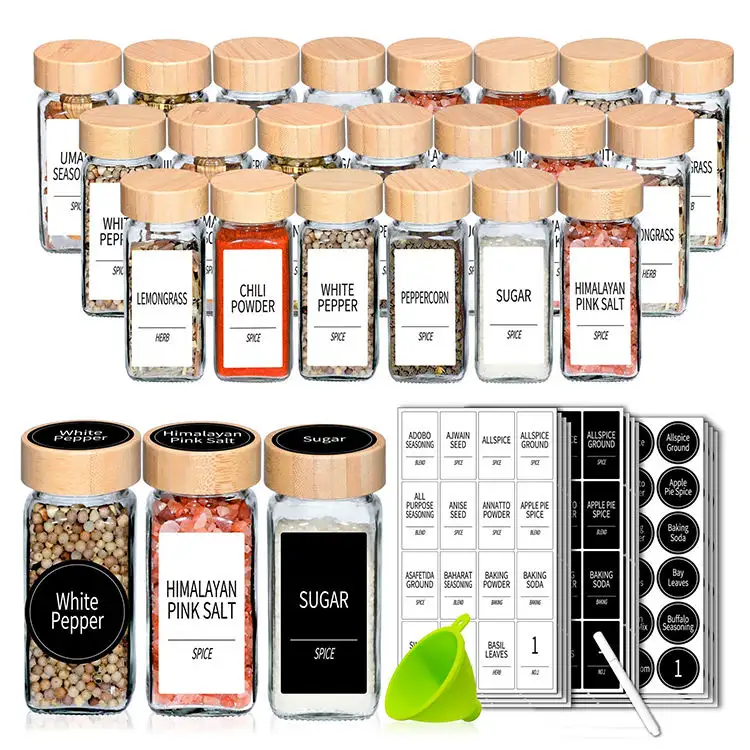 Kruidenpotjes – ensemble de pots à épices de cuisine, bouteille à épices en verre alimentaire, étiquette 24 pots à épices en verre avec couvercle en bambou