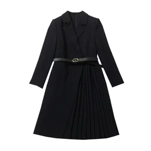 Nhà Máy Bán Hàng Trực Tiếp Phụ Nữ Mới Nhất Quần Áo Thanh Lịch Tuyệt Đẹp Evening Black Belt Dài Tay Áo Blazer Pleated Dresses Đối Womens