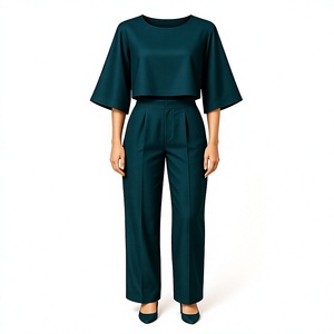 Chic Women's Teal Polyester Two-Piece Set Regular O-Neck Top <b>Three</b>-<b>Quarter</b> Sleeve Wide-Leg <b>Pants</b> Casual Wear Breathable - Product Image 1
