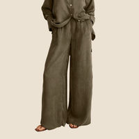 Nouveau automne mode bas quantité minimale de commande dames chemise ensemble ample surdimensionné décontracté femmes manches longues lin costume armée vert chemise et pantalon ensemble