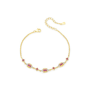 S925 silver Women's 18K Solid Gold Ruby <b>Bracelet</b> With Baguette Cut Diamonds Geometric Chain Link Classic Everyday Wear - Product Image 1