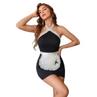 Costume de femme de chambre sexy B1183, robe moulante noire à bretelles avec tablier en dentelle blanche, déguisement de femme de chambre française pour jeux de rôle