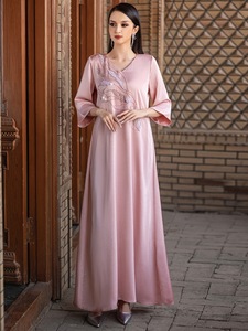 Vestido Elegante con Cuello en V, Manga Tres Cuartos, Adornado con Cuentas, Estilo Jacquard Satinado de Oriente Medio, Europa y América - Product Image 2