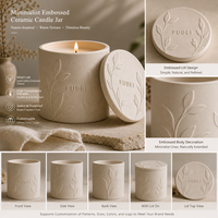 Pot à bougie en céramique minimaliste FUBEI LIVING avec motif de feuille en relief, couvercle assorti en relief, porcelaine beige mate, bougie parfumée à la cire de soja