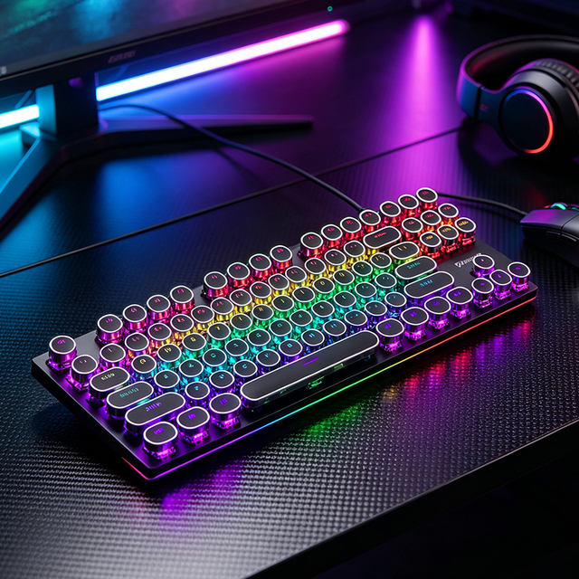 JERTECH JK560 Round Keycaps 87 Keys Wired Blue Switch RGB Gaming Mechanical Keyboard