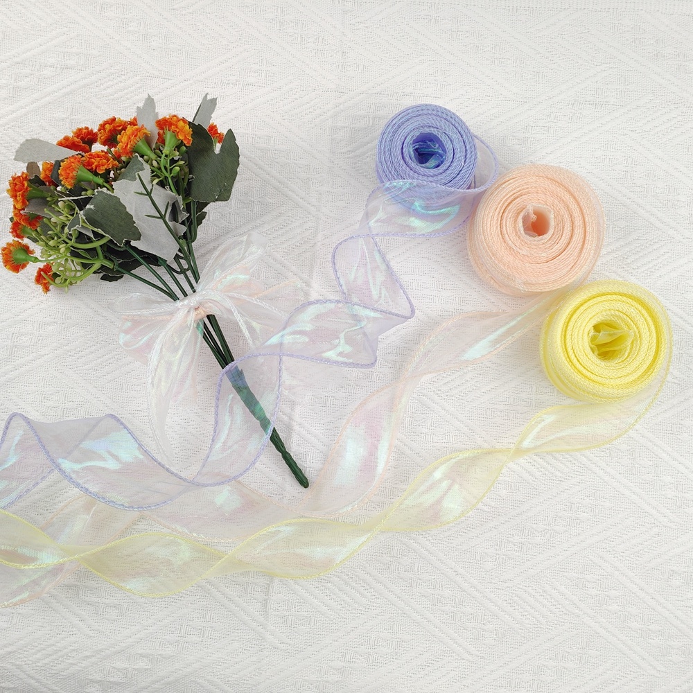 Hot Sale Custom Solid Color Sheer Chiffon Pink Silk Organza Ribbon for Wedding Gift Bouquets Wrapping
