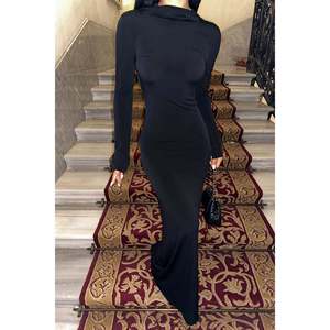 Robe de soirée longue noire de luxe pour femme, style robe de bal, col rond, taille empire, décoration drapée, manches courtes - Product Image 2