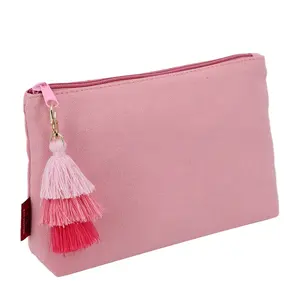 Eco-frendly Cotton Canvas Cosmetic Pouch with 3 Layer Cotton Tassel Decorated with Colorful Tassel Wash Toiletry Pouch For Lady