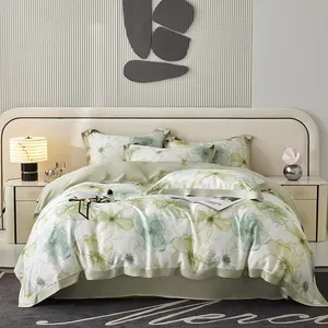 Nữ Hoàng Kích thước in hoa màu xanh lá cây Duvet cover Lyocell sợi màu Hồng Cô Gái Khăn trải giường 4 cái nhà dệt bedding Set Nhà cung cấp