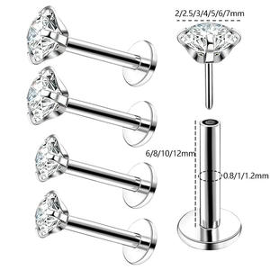 Piercing <span class=keywords><strong>Labret</strong></span> de Titanio Getta Profesional ASTM-F136 16g 18g 20g con Extremo de Disco Plano Doble, Zirconia Cúbica Transparente, Rosca F, Sin Rosca - Product Image 1