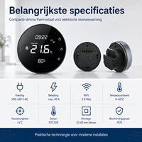 Termostato Inteligente Wifi para Calefacción por Suelo Radiante Eléctrico de 16A 3200W 100V-220V con Protección Contra Sobrecalentamiento, Retroiluminación y Montaje Empotrado