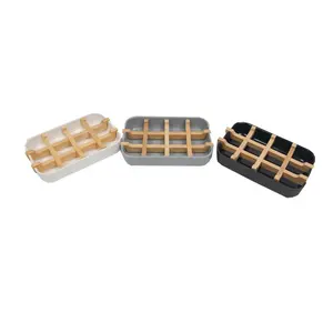 [NO PLASTIC] LFGB China Factory Price Modern Luxury Bamboo Natural Black Soap Dish Holder With Drain Insert