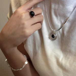 S925 argent Sterling japonais Version coréenne collier noir Agate géométrique cercle Texture Niche mode pendentif colliers - Product Image 4