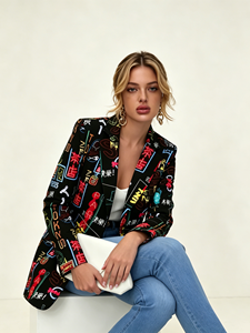 SWEET BABE Blazer Femme Tendance Imprimé Graffiti, Bouton Unique, Col en V, Respirant, Minimaliste, Manteau Décontracté, Chic pour le Bureau et la Ville - Product Image 4