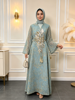 Robe longue élégante pour femmes musulmanes, col montant, ouverture en V partielle, sequins, broderie florale, Abaya, soirée, Dubaï, tenue modeste