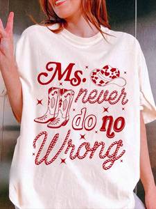 T-shirt in denim stile western da donna, girocollo, vestibilità regolare, tessuto traspirante, manica corta, regalo di San Valentino, top casual - Product Image 3