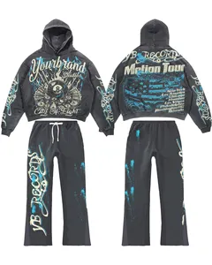 Custom OEM Faded Premium Vintage Distressed Printed Graphic Hoodie Plus Size Baggy Pants Flare Pants Set