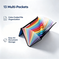 Pochette de rangement pour documents A4 13P en tissu imperméable avec fermeture élastique, multi-poches, logo personnalisé