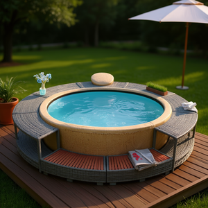 Environnement de spa en polyrotin gris, rond, autoportant, accessoire pour spa, design contemporain, fonction de bain relaxant - Product Image 2