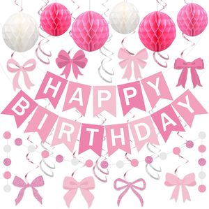 Decorazioni per Feste di <span class=keywords><strong>Compleanno</strong></span> con Fiocco Rosa, Striscione 'Buon <span class=keywords><strong>Compleanno</strong></span>' con Palline a Nido d'Ape, Spirali Appese e Ghirlanda a Pois per Donne e Ragazze - Product Image 1