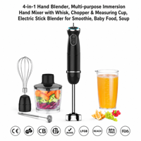 Mixeur plongeant 4-en-1 avec fouet, hachoir et tasse doseuse, mixeur électrique pour smoothies, aliments pour bébés, soupes