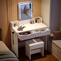 Tabouret de coiffeuse avec miroir LED à commande tactile (3 modes de couleur), 2 tiroirs, support pour sèche-cheveux, maquillage écologique