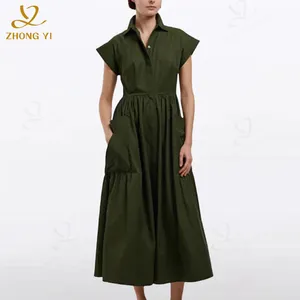 Elbise giyim üreticileri özel yeni düz renk uzun yaz kadın cep yaka bel bayanlar gevşek A-Line Casual Midi elbise