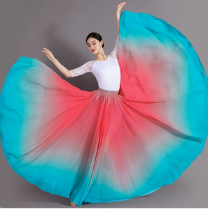 Falda de baile de color degradado elegante para mujer, faldas maxi de chifón con cintura elástica y dobladillo grande, estilo línea A, para baile de salón. - Product Image 5