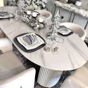Mesa de Comedor Ovalada de Madera de Estilo Moderno Crema de 63 Pulgadas, Tablero de Piedra Sinterizada de 12 mm, Fácil de Limpiar, Ideal para 4-6 Personas - Product Image 4