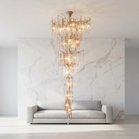 Lustre pour escalier à haut plafond, long luminaire suspendu en verre cascade, style branche d'arbre dorée de luxe, pour hall de villa