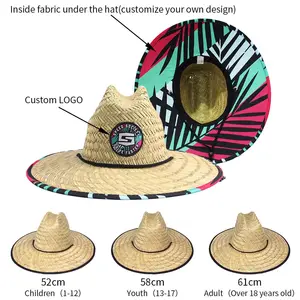 Logo personalizzato cavi cappelli di paglia da sole americana grande tesa surf bagnino di marca naturale spiaggia donna uomo cappello di paglia bagnino