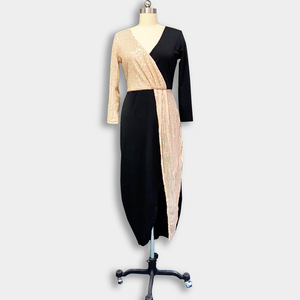 Vestido midi de cintura alta con cuello en V y manga larga, negro y azul con lentejuelas, entallado en la cintura, para oficina. - Product Image 3
