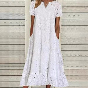 Vestido Largo de Verano para Mujer, Cuello en V, Manga Corta, Estampado Floral, Tejido de Poliéster Transpirable - Product Image 1