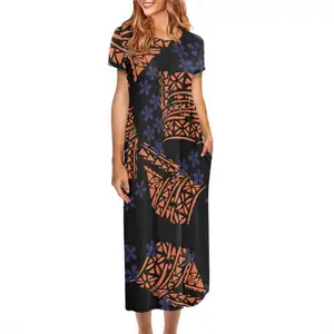 Polynesian Tribal Kleidung Samoan Brown Tapa Blumen druck auf Anfrage Benutzer definiertes Maxi kleid Kurzarm kleider mit Taschen Frauen