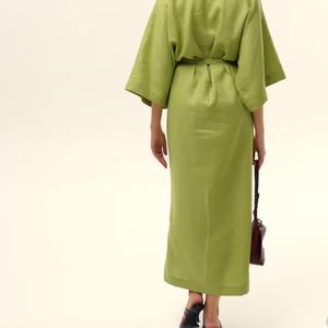 Vestido de Lino Elegante para Mujer, Estilo Veraniego, Cuello en V, con Volantes, Midi, Holgado, Cintura Alta, Casual, para Damas - Product Image 4