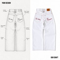 Jean droit ample personnalisé pour homme, style hip-hop, en denim brut non lavé 15oz, avec liseré selvedge et ligne rouge, broderie OEM