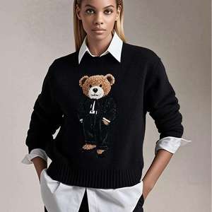 OEM Hàng dệt kim nhà máy tùy chỉnh thêu crewneck Jumper Hữu Cơ BCI bông Intarsia Jacquard đan Womens Áo len với gấu - Product Image 4