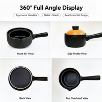 Casserole noire avec couvercle rouge, durable, écologique, en céramique, avec glaçure de qualité alimentaire, capacité de 1,2 L, compatible avec les cuisinières à gaz, ensemble d'ustensiles de cuisine