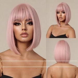 Peluca Corta para Mujer, Estilo Bob Recto con Flequillo, Color Rosa <span class=keywords><strong>Sakura</strong></span>, Diseño de Corona Alta, Sin Pegamento, Gorra de Malla Rosa, Fibra Resistente a Altas Temperaturas - Product Image 1